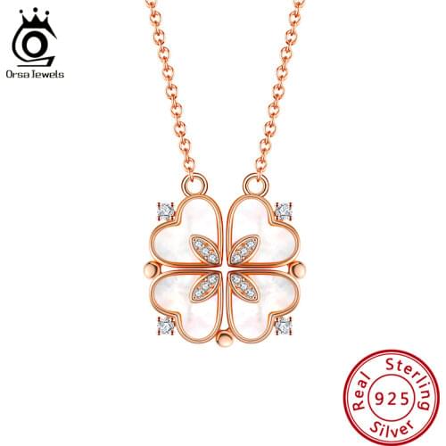ORSA JEWELS 2 Ways Wear! 925 Silver Magnet Buckle Clover Necklace Mother of Pearl Heart Pendant Necklace Mothers Day Gift EQN24