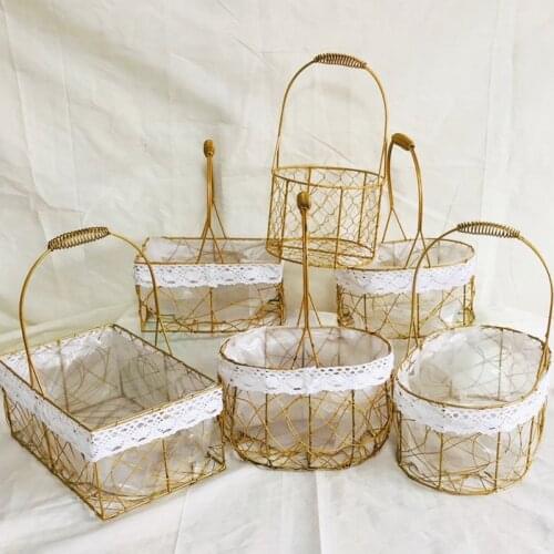 Golden Iron Portable Straw Baskets Rattan Woven Succulent Flower Pot Home Decoration Souvenirs Gift Flower Basket