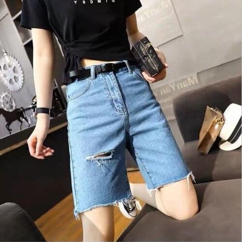 Casual High Waist Straight Jeans Shorts Summer Pockets Loose Female Blue Hole Tassel Denim Shorts Ladies High Street Bottoms D87