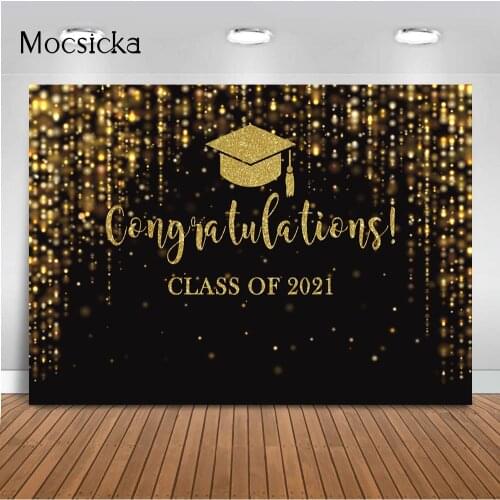 Congrats Graduation Backdrop Class of 2021 Photography Background Gold Bachelor Cap Celebration Party Decorations Banner Picture