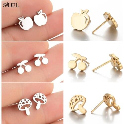Tiny Plant Stainless Steel Earrings Unique Fashion Lovely Mashroom Apple Cherry Stud Earrings for Women Girls Best Gifts Girls
