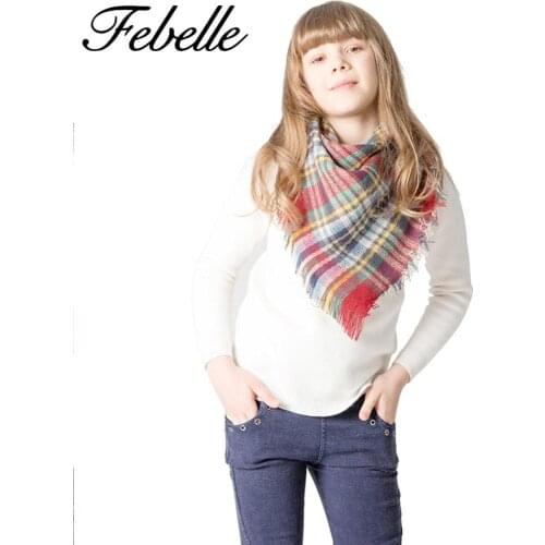 Febelle Winter Kid Scarf Luxury Brand Plaid Warm Cashmere Shawls Children Pashmina Wrap Triangular Scarf for Girls