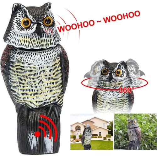 360 Degrees Bird Scarer Rotating Head Sound Owl Bird Scarecrow Fake Awl Statue Garden Decor Protection Repellent Pest Repellent