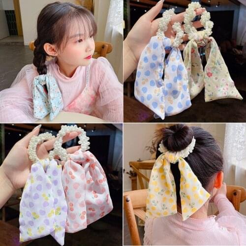 Ladies Children Pearl Bow Knot Tied Hair Streamer Large Intestine Hair Ring Girl Ribbon Headband Hair Accessories