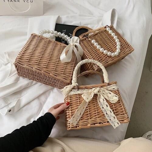 Hand-woven Straw Bag Pearl Ribbon Female Handbags Purse High-quality Rattan Beach Bag Fashion New Women Bags Wild Phone Pack