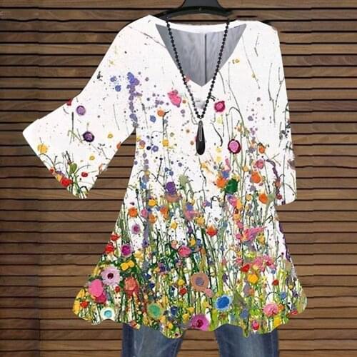 Boho Vintage T-shirt Women Floral Print V-neck Tops Autumn Casual Ruffles Long Sleeve Pullover Tee