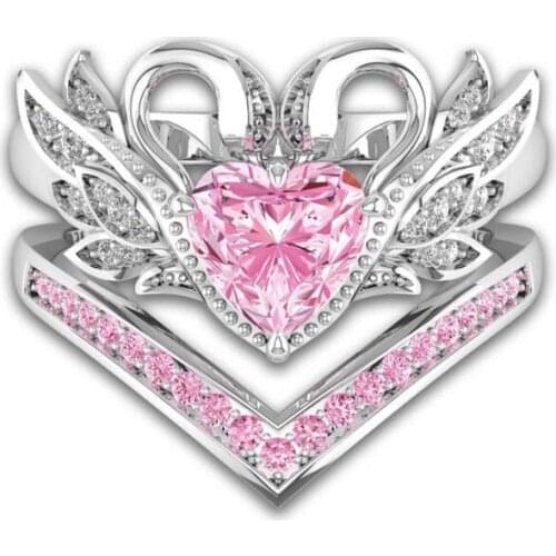 2 PCS Multicolor Zircon Cute Swan Ring Sets For Women Silver Pink Heart Chevron Rings Female CZ Wedding Statement Anillos Mujer