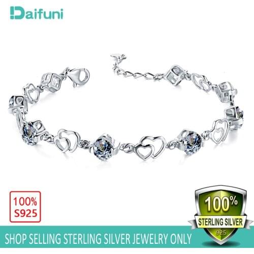Daifuni Women Adjustable 925 sterling Silver Bracelet For Women New Arrival Luxury Purple Crystal Heart Charm Bracelets 19.5CM