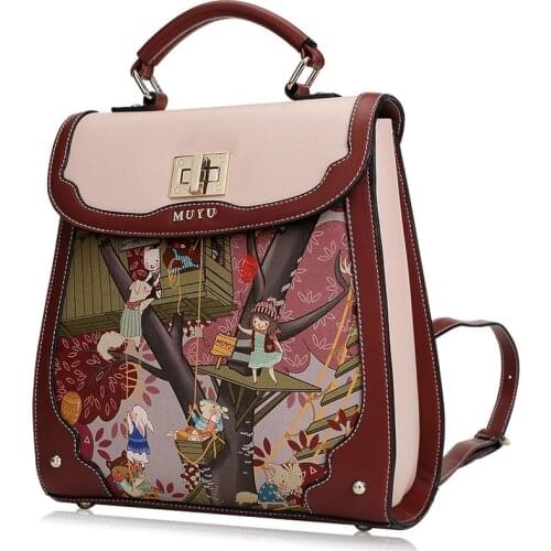 Women Backpack Preppy Schoolbag Travel Bag Totes Borsa SnowJenny SJ Brand Cartoon Treehouse Fairy Tales Print
