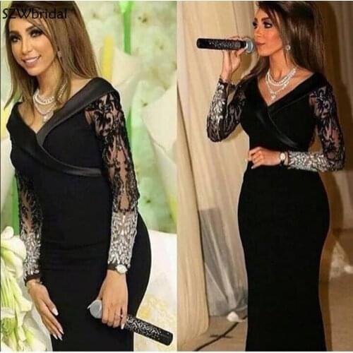 New Arrival V Neck Long sleeve evening dresses 2021 Black Lace Beading Muslim evening dress party Robe de soiree