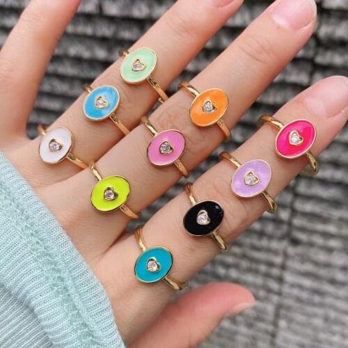 10Pcs Shiny Gold Plated Colorful Enamel Zircon Heart Shape Adjustable Ring, Multicolor Enamel Statement Open Ring