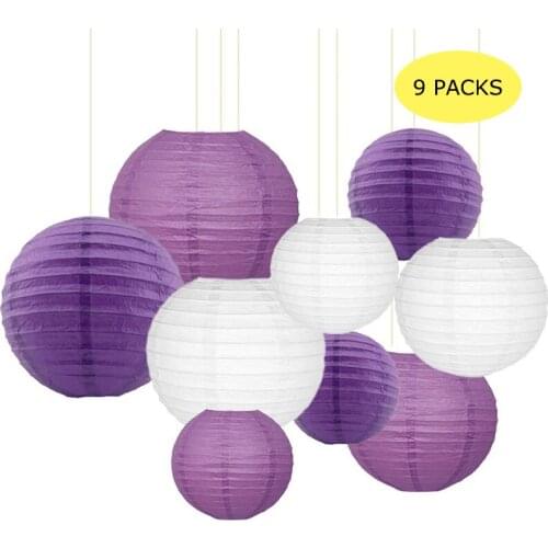9 Pcs Paper Lanterns 12"10" 8"Round Dark Purple Light Purple White Lanterns for Birthday Wedding Baby Showers Party Decorations