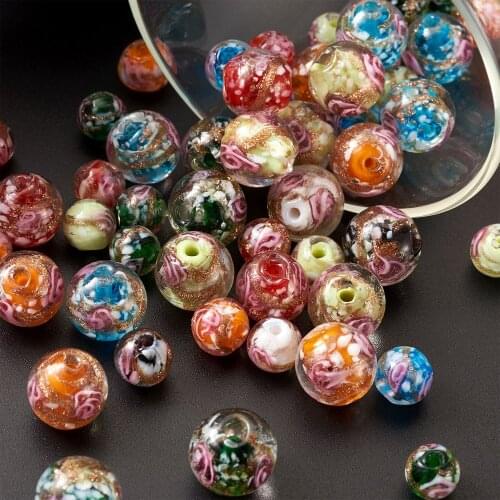 70pcs Handmade Gold Sand Lampwork Glass Beads with Inner Flowers Round Loose Beads for Jewelry Making DIY Accessories Bracelets