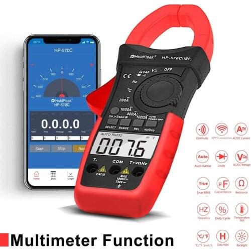HP-570C-APP Digital Clamp Multimeter Connect with APP via Bluetooth, Amp Ohm Tester,4000 Counts AC/DC Voltage AC/DC Current