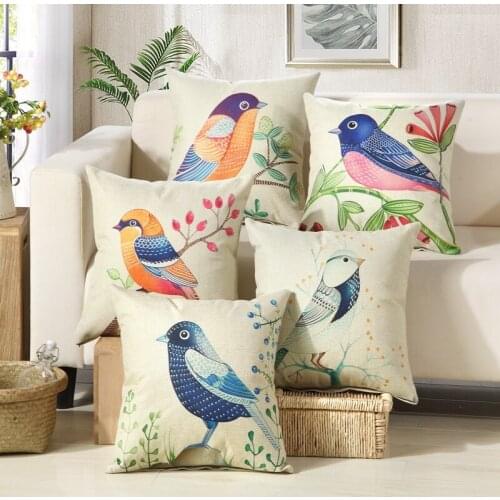 Flower Bird Series Cushion Cover Linen Cotton Fresh Style Home Decor Pillow Case 45x45cm Pillow Cover