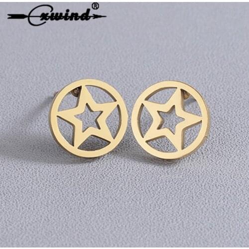 Cxwind Stainless Steel Gold Color Climber Post Stud Earrings Circle Cut Star Earring for Women Tiny Girl Elegent Jewelry