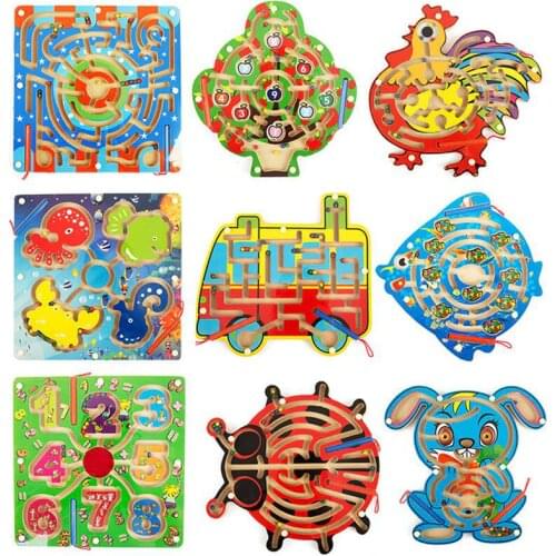 Wooden Magnetic Maze Game Walking Beads Labyrinth Board Chess Intelligence Games Children Toys 11 designs Aniamls MT52