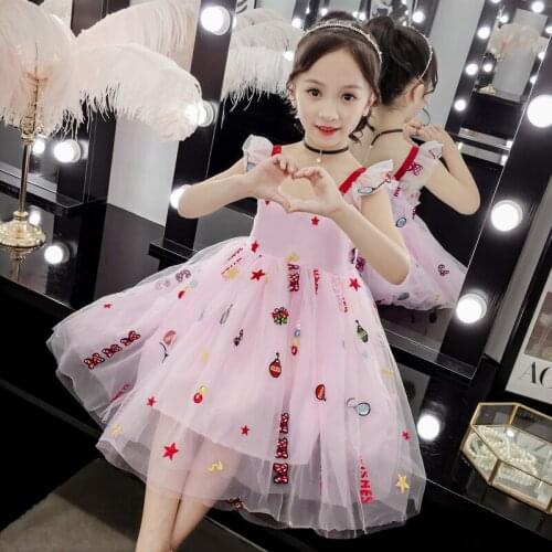 Kids Floral Dress For Girls Cartoon Appliques Children Party Birthday Dress Summer Teenager Clothing 4 5 6 7 8 9 10 12 13 Years