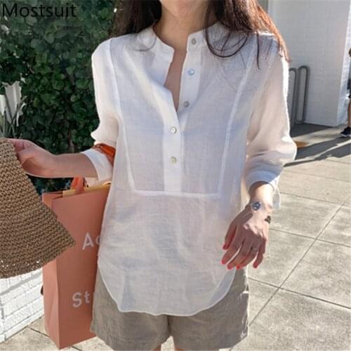 Cotton Linen White Shirt Blouses Women 3/4 Sleeve Stand Collar Buttons Tops Solid Korean Casual Stylish Blusas Mujer 2021