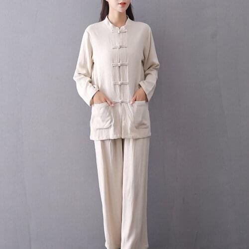 Chinese Tops for Women 2021 Cotton Linen Traditional Vintage Tang Suit Tai Chi Uniform Long Sleeve Jacket Trousers Kungfu Suit