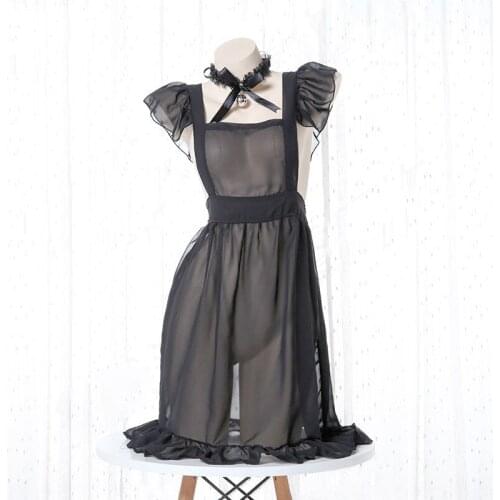 Womens Black Maid Lolita Girl Anime Role Play Underwear Set Feminine Collar Uniform Dress Lovely Lace Doll Dress Pajamas