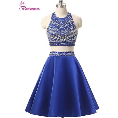 Two Pieces Short Prom Dresses 2020 Satin Top Beaded Backless Knee-length Abiye Vestidos De Graduacion Vestido De Formatura