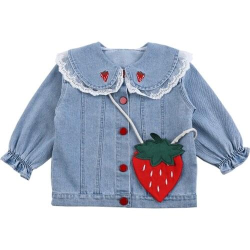 Kids Denim Jackets Girls Baby Strawberry Bag Autumn New Sweet Doll Collar Loose Lace Jacket Kids Casual Windbreaker Coat 0-6y