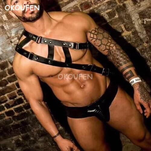 Party performance stage dance costume nightclub bar mens DS sexy shoulder strap leather strap chest strap