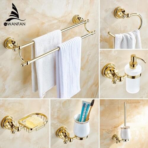 Bathroom Accessories Bath Hardware Set Golden Color Toilet Paper Holder Towel Rack Tissue Holder Cup Holder Robe Hook 5500K