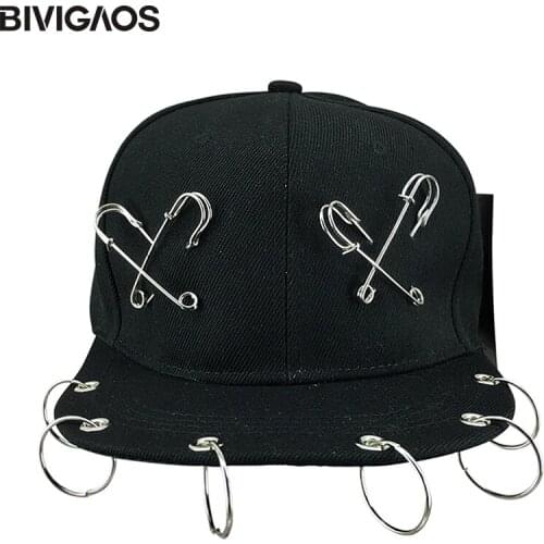 New Fashion Punk Rock Style Women XX Pin Metal Ring Baseball Cap Hip Hop Hats Black Snapback Caps Tide HipHop Cap Men Women