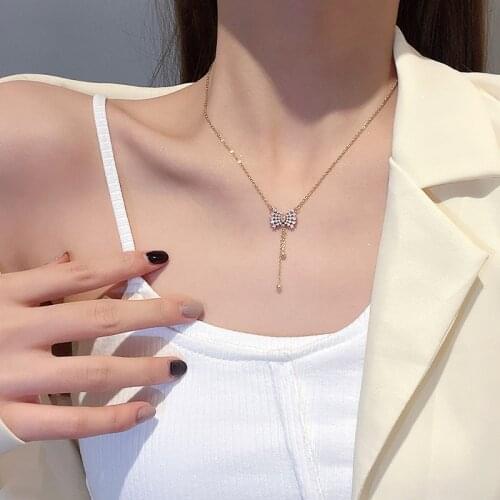 Bowknot Necklace Titanium Steel Female Niche Temperament Zircon Pendant Korea Cold Wind Tassel Clavicle Chain