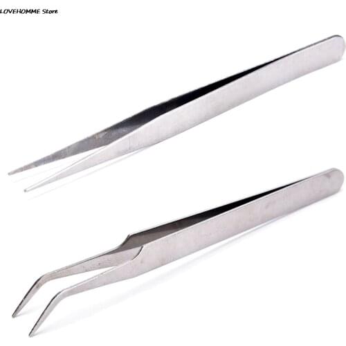 2Pcs Stainless Steel Tweezers(1Pcs Straight Head Tweezer + 1Pcs Elbow Head Tweezer)With Anti-skid Slot Nipper Forceps Nail Tools