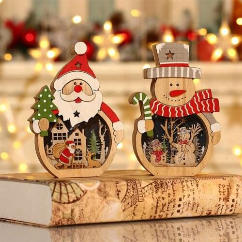 Christmas Glowing Table Ornaments Wooden Santa Claus Figurine Ornaments New Year Santa Claus Snowman Gift Decor