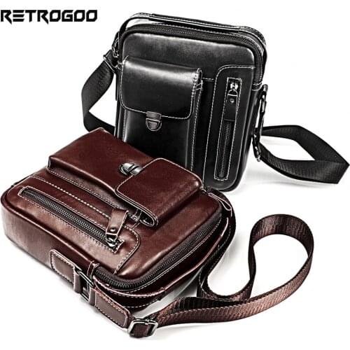 RETROGOO New Genuine Leather Mens Crossbody Shoulder Bag Vintage Cowhide Messenger Bag For Male Big Capacity Casual Handbag Men