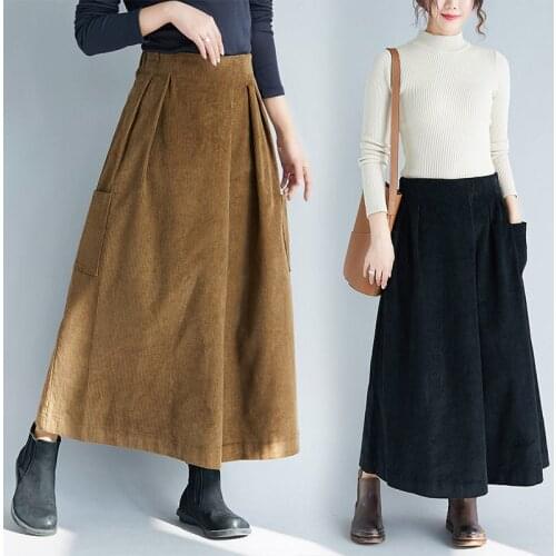 Retro Corduroy Wide Leg Pants Female Autumn Winter Fashion Large Size Wild A -line Pants Skirt Casual High Waist Trousers f1860