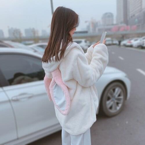Japanese Style Autumn Winter Women Sweet Warm Jacket Kawaii Soft Lambswool Ruffles Rabbit Ears Hooded Coats Girls Parkas Outwear