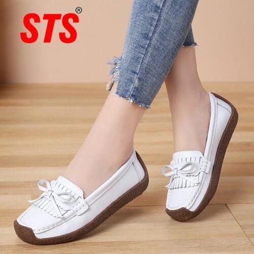 STS Womens Casual Flats Shoes Fashion Leather Women Loafers Ladies Shoe Slip Female Breathable Soft Light Outdoor Plus Size