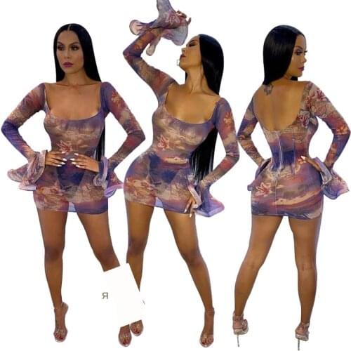 2020 Summer Sexy Square Collar Bodycon Mini Dress Women Flare Long Sleeve Package Hip Dress Mesh See Through Party Dress