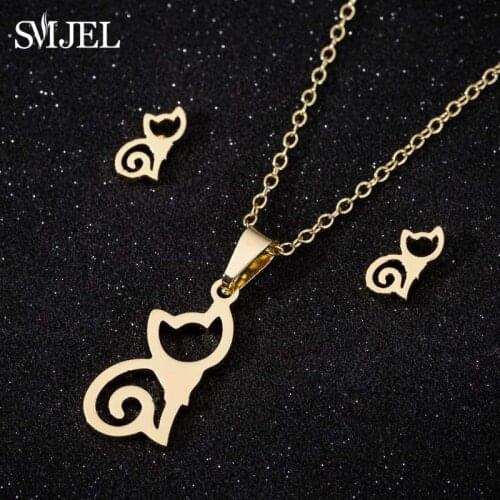 SMJEL Cute Cat Pendant Necklace For Women Stainless Steel Necklaces Sweater Chain Daughter Birthday Gift