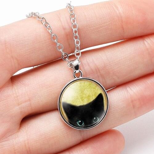 10PC Unique Necklace Glass Cabochon Silver Plated Chain Necklace Black Cat Tai Chi Picture Vintage Pendant Necklace For Women