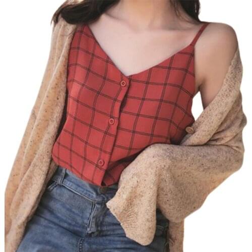 2021 New fashion Women Camisole Adjustable Spaghetti Straps Plaid Tank Top Fashion V Neck Buttons Vest for Summer топик женский