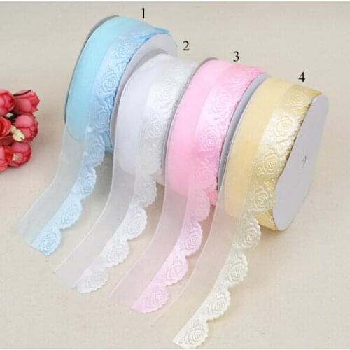 3.8cm*20Yard rose Ultrasonic embossed trim Organza ribbon for Garment Accessories gift packaging Decoration 4#colors