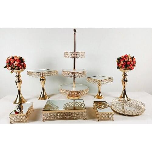 9pcs square 3-Tie gold Wood Cake/Dessert Display Riser Stands with crystal
