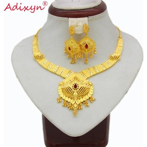 Adixyn Gold Color Necklace/ Drop Earrings Jewelry Set Red Corundum Cubic Zirconia African Trendy Women Engagement Gifts N11024