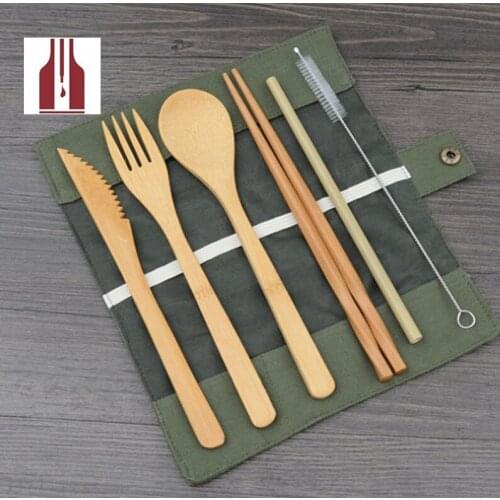 Free shipping 7pcs per set Japanese Wooden Cutlery Set 20CM long Bamboo Straw Dinnerware Set With Cloth Bag Utensil Soup
