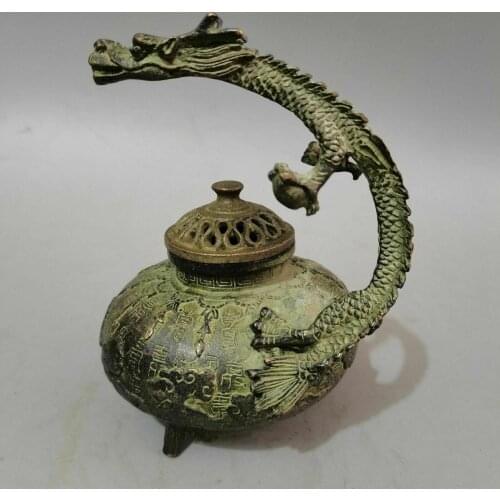 Antique Chinese Fengshui Bronze Dragon handle Incense Burner Statue Xuande Mark