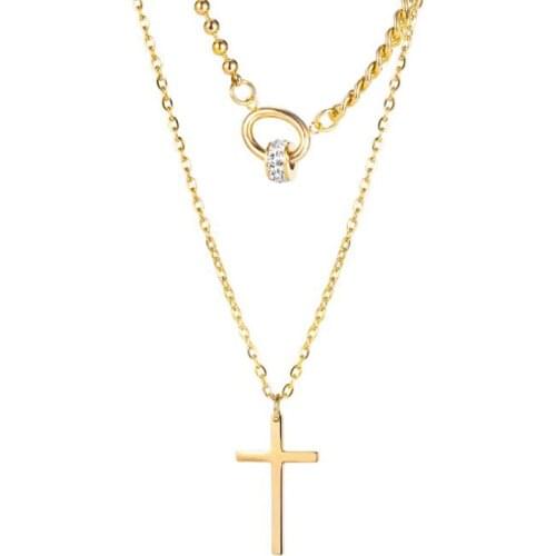 Stainless Steel Gold Minimalism Cross Multilayer Round Zircon Stone Circle Pendant Necklace Women Fashion Gift For Him