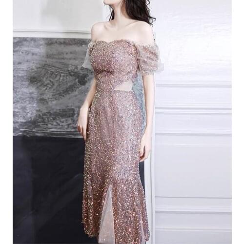 Elegant Shiny Evening Dresses Mermaid Sequins Square Collar A-Line Puff Sleeve Illusion Sexy Backless Formal Banquet Prom Gowns