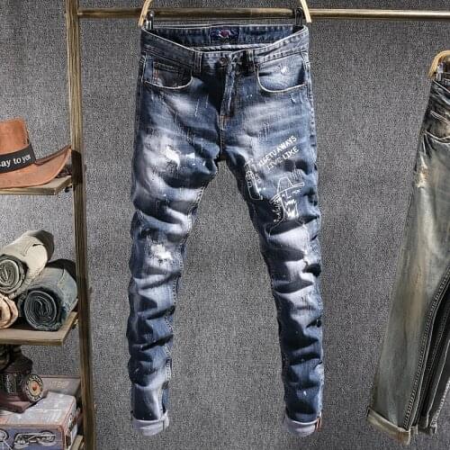 European American Street Fashion Men Jeans Retro Blue Elastic Slim Fit Ripped Jeans Men Printed Designer Hip Hop Denim Pants