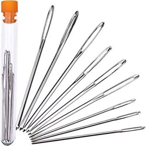 9pcs Silver Stainless Steel Sewing Needle Big Eye Needle Embroidery Needle With Transparent Needle Bottle Diy Sewing Tool
